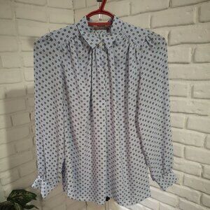 Anne Taylor Loft Petites Ladies Size XXSP Lt Blue w/ Black Long Sleeve Blouse
